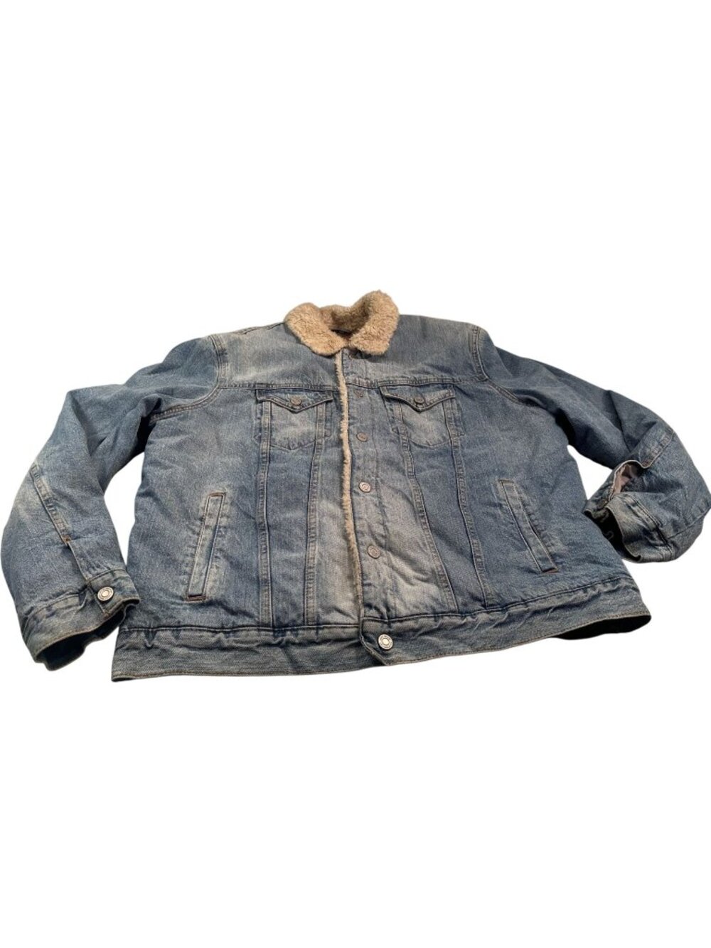 Lucky Brand Sherpa Denim Jacket Button Up Blue Jean Coat Distressed Trucker